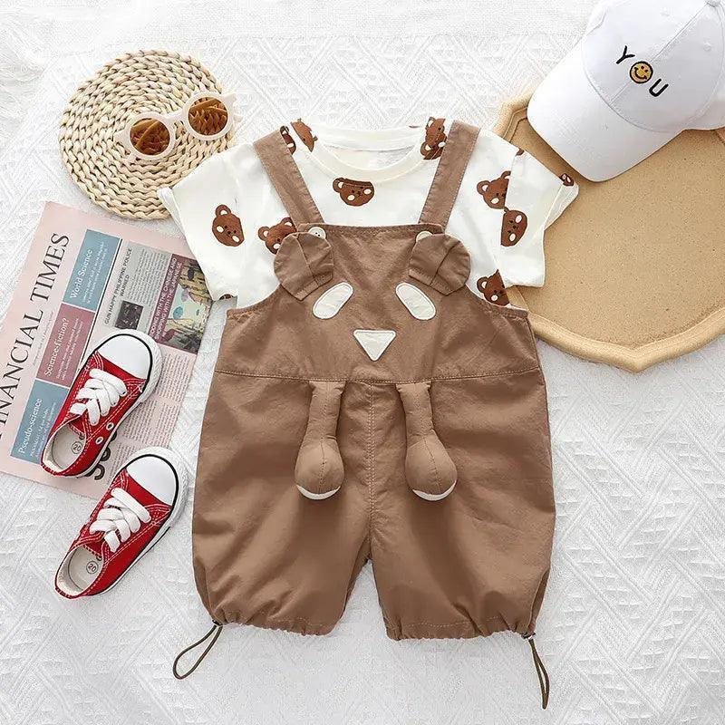 Kids Toddler Boys Summer Fashion Casual Cute Solid Color Cartoon Bear Round Neck T-Shirt Suspenders Set - Venus Trendy Fashion Online