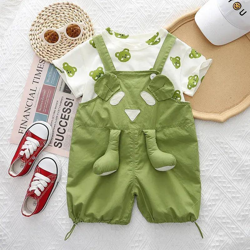 Kids Toddler Boys Summer Fashion Casual Cute Solid Color Cartoon Bear Round Neck T-Shirt Suspenders Set - Venus Trendy Fashion Online