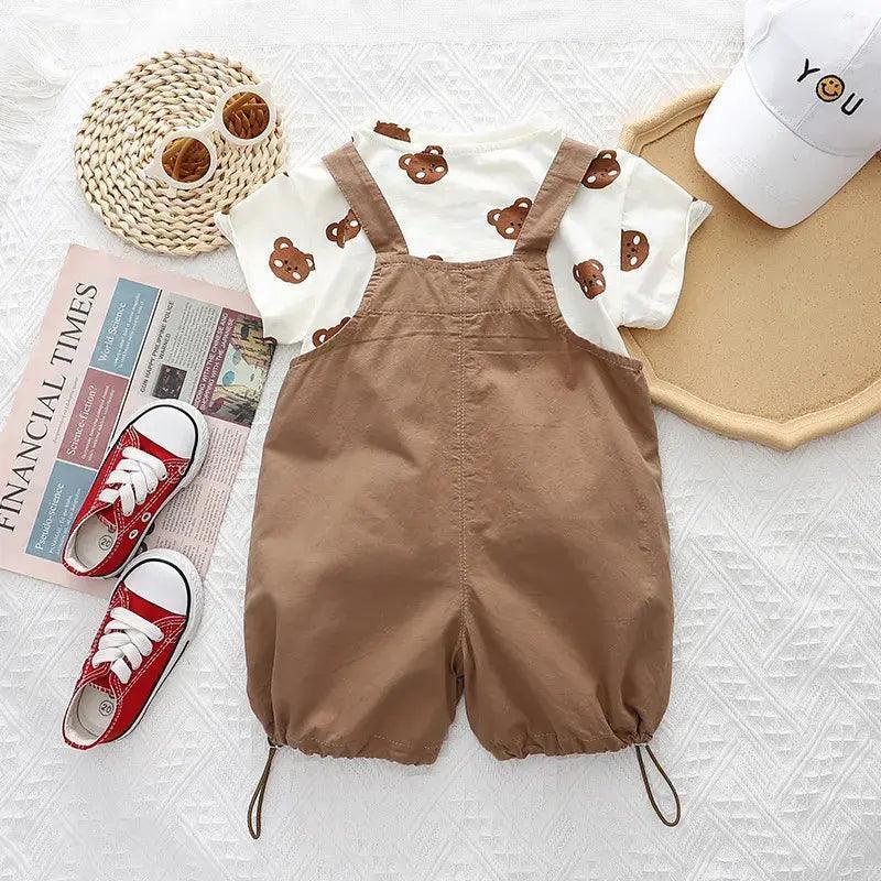 Kids Toddler Boys Summer Fashion Casual Cute Solid Color Cartoon Bear Round Neck T-Shirt Suspenders Set - Venus Trendy Fashion Online