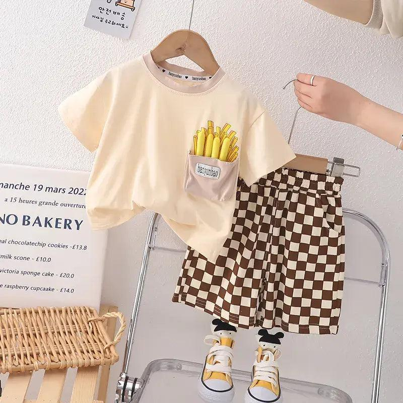 Kids Toddler Boys Summer Fashion Casual Cute Solid Color Fries Round Neck T-Shirt Plaid Shorts Set - Venus Trendy Fashion Online