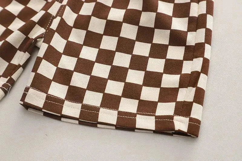 Kids Toddler Boys Summer Fashion Casual Cute Solid Color Fries Round Neck T-Shirt Plaid Shorts Set - Venus Trendy Fashion Online