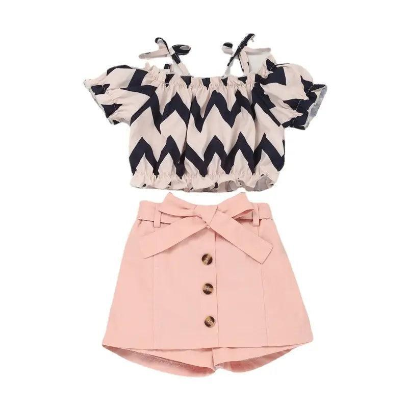 Kids Toddlers Fashion Girls Short Sleeve Print Suspenders Top And Shorts 2pcs Set - Venus Trendy Fashion Online