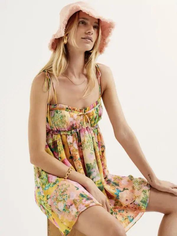 Lace-up French niche color-block floral sling dress - Venus Trendy Fashion Online