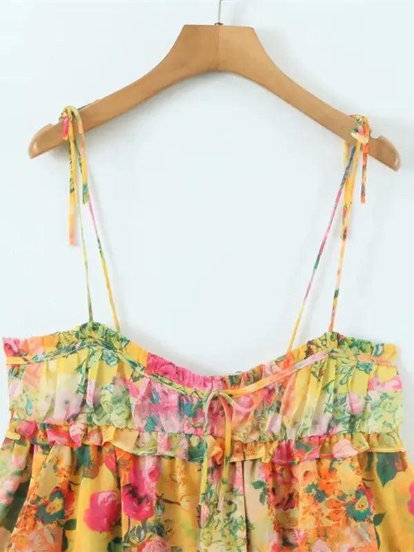 Lace-up French niche color-block floral sling dress - Venus Trendy Fashion Online