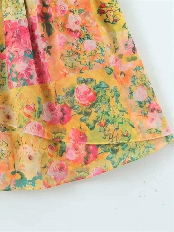 Lace-up French niche color-block floral sling dress - Venus Trendy Fashion Online