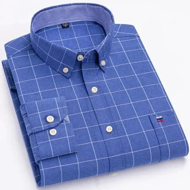 Men's 100% Cotton Plaid Checkered Long Sleeve Oxford Shirt - Venus Trendy Fashion Online