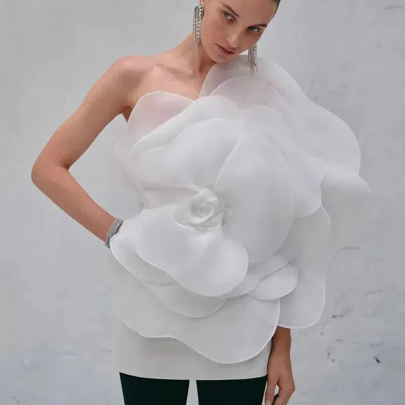 New Style Oblique Shoulder with Decorative Flower Dress - Venus Trendy Fashion Online