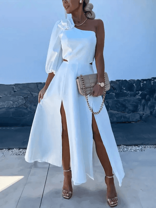 New casual party slanted shoulder slit double layer dress - Venus Trendy Fashion Online