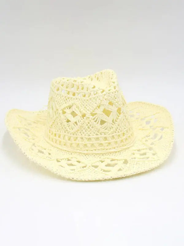 New hollow cowboy hat, hand-knitted straw hat, jazz hat with raised brim - Venus Trendy Fashion Online