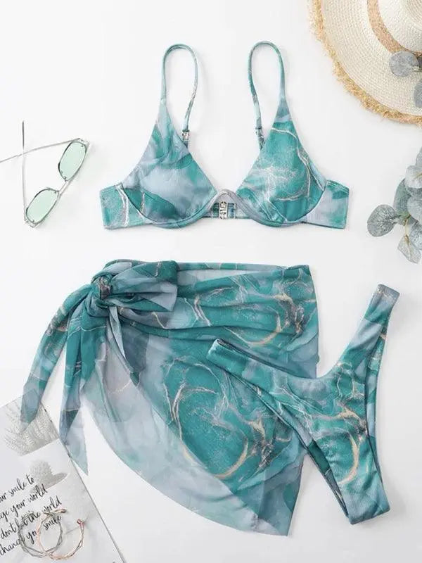 New marble tie-dye three-piece bikini set - Venus Trendy Fashion Online