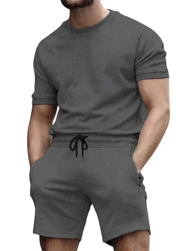 New men's casual fashion solid color short-sleeved T-shirt + quarter pants sports suit - Venus Trendy Fashion Online
