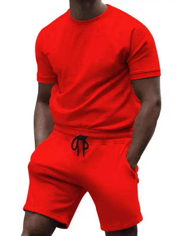 New men's casual fashion solid color short-sleeved T-shirt + quarter pants sports suit - Venus Trendy Fashion Online