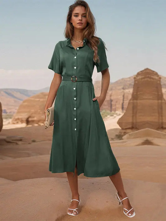New style lapel single color green dress - Venus Trendy Fashion Online