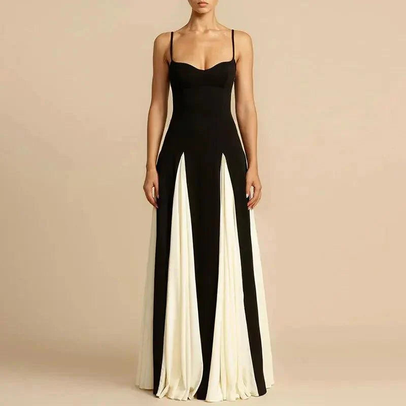 O-Neck Black White Patchwork Vintage Maxi Dress - Venus Trendy Fashion Online
