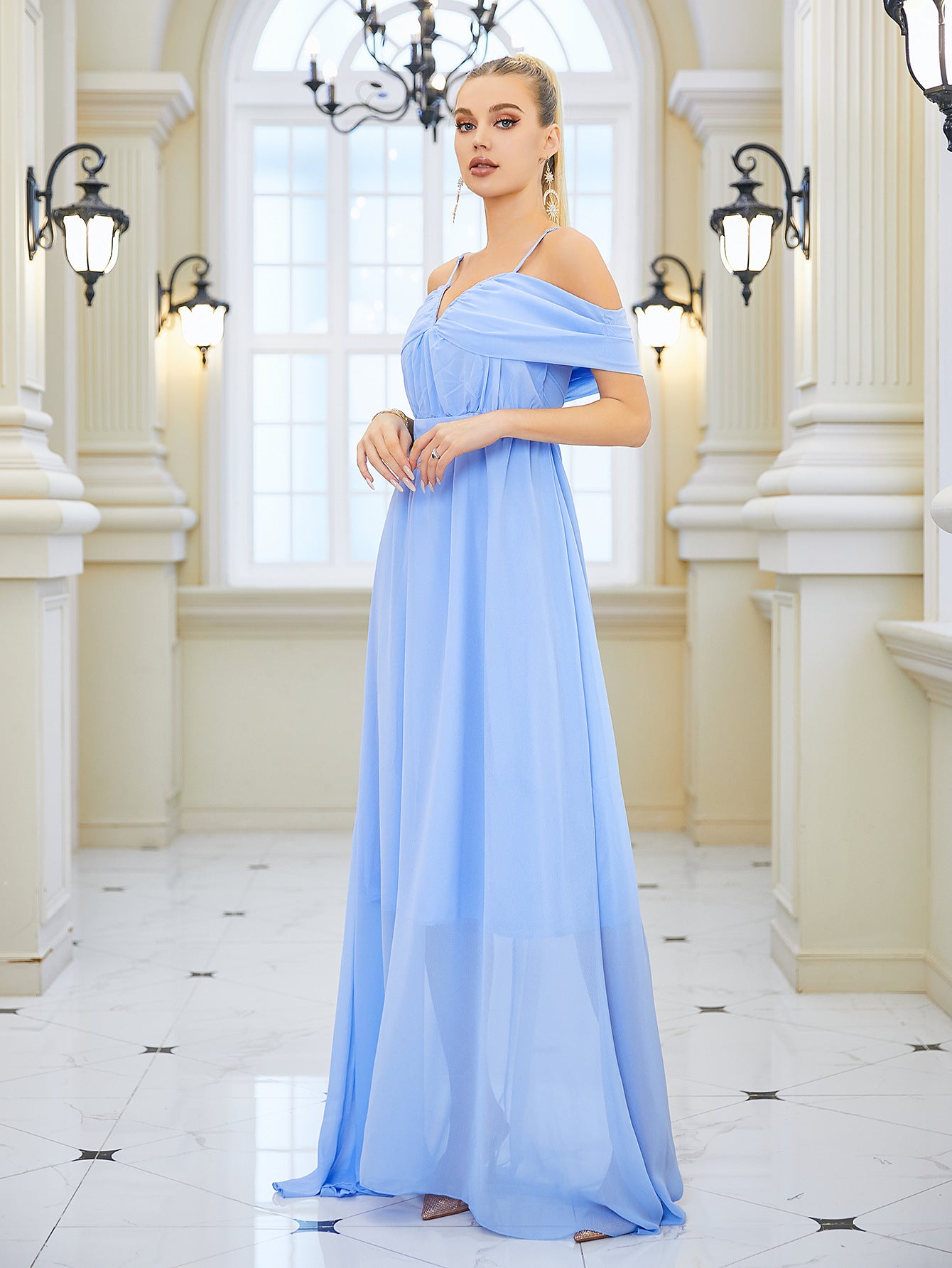 Chiffon V neck Strap Long Elegant Slim Long Dress