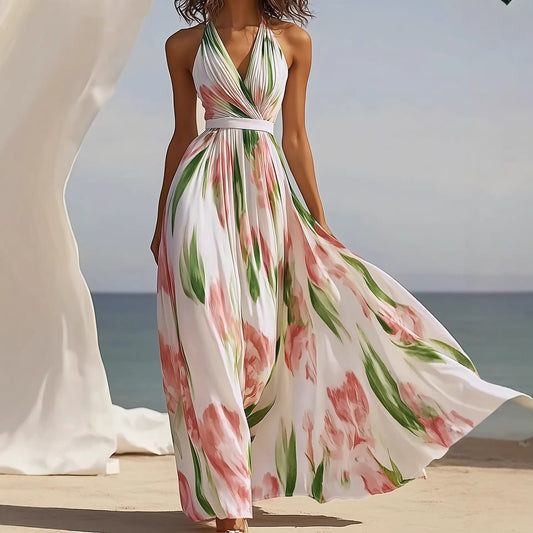 Summer V neck Backless Waist Trimming Elegant A line Dress