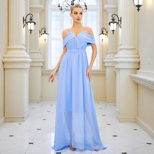 Chiffon V neck Strap Long Elegant Slim Long Dress