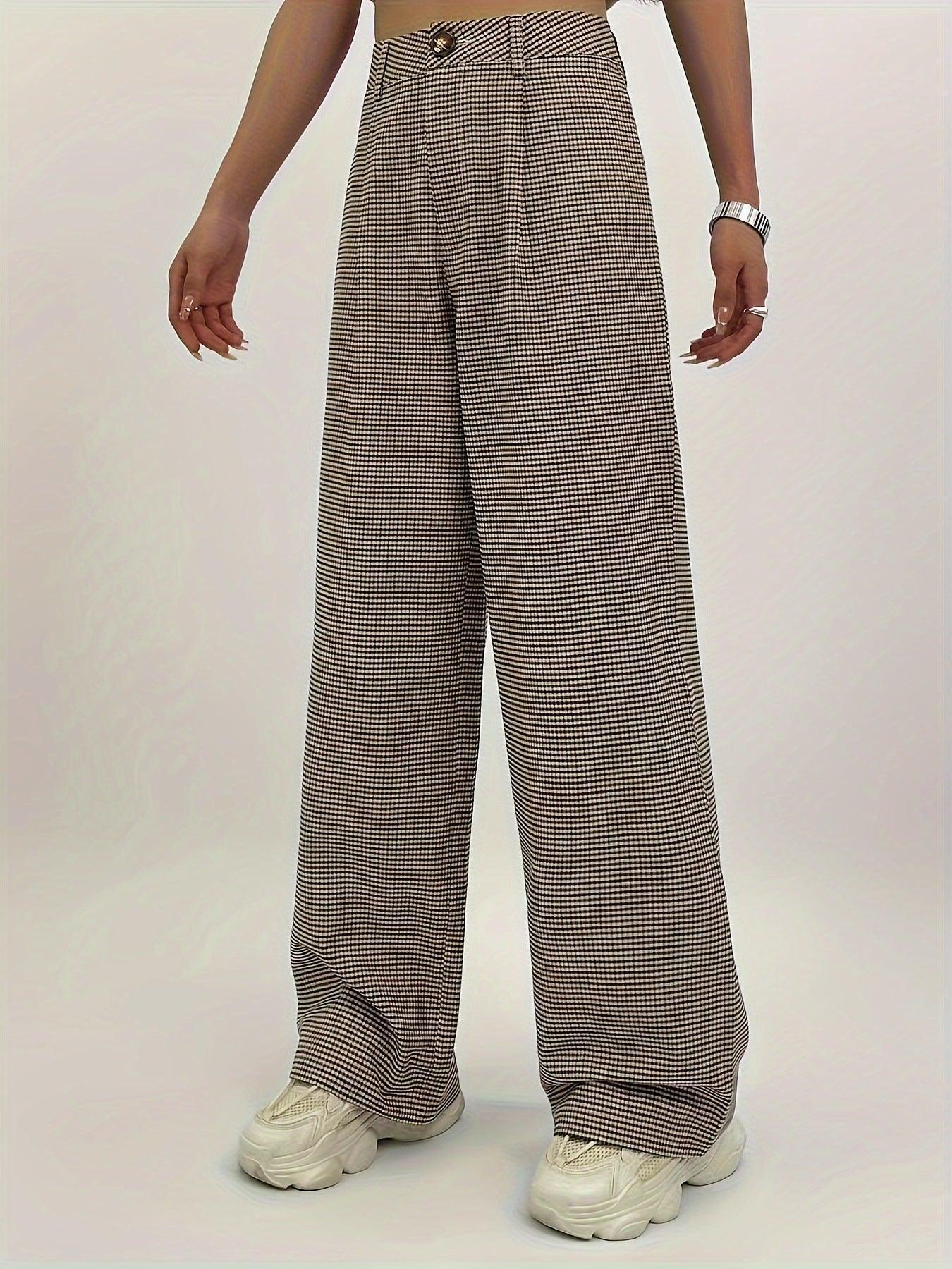Women High Waist Plaid Printed Straight Leg Pants - Venus Trendy Fashion Online