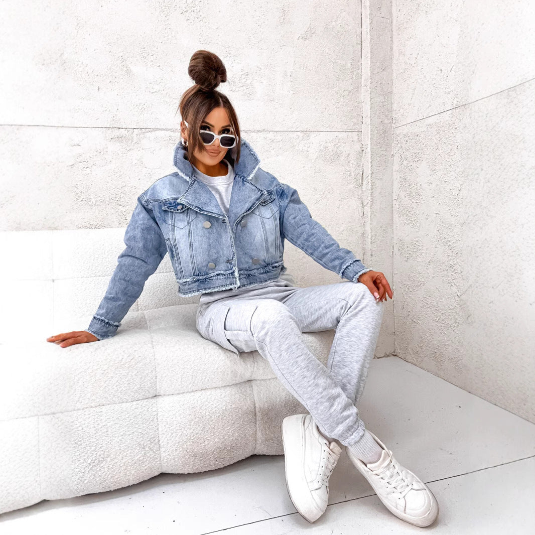 Women Raw Edge Denim Women Long Sleeved Coat