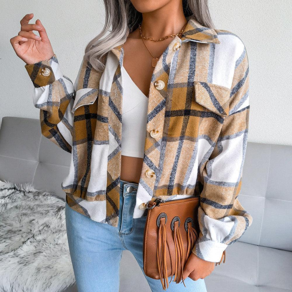 Winter Plaid Lantern Long Sleeve Woolen Coat - Venus Trendy Fashion Online