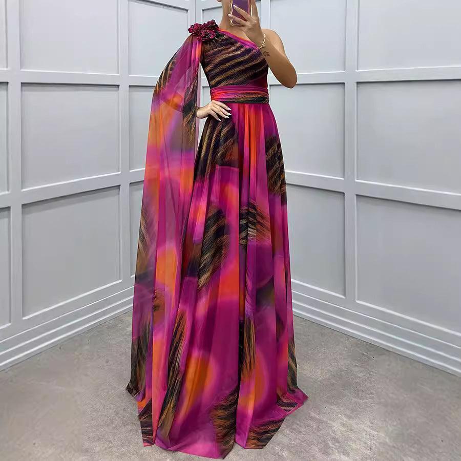 Chiffon Printed Sloping Shoulder Casual Party Dress - Venus Trendy Fashion Online