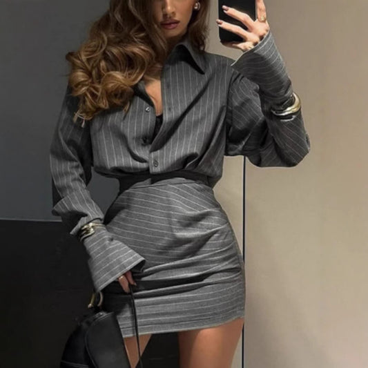 Women Striped Top Short Skirt Two Piece Sets