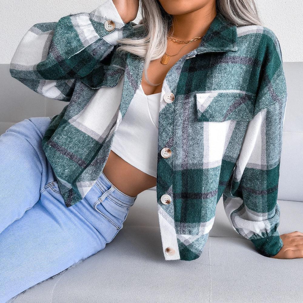 Winter Plaid Lantern Long Sleeve Woolen Coat - Venus Trendy Fashion Online
