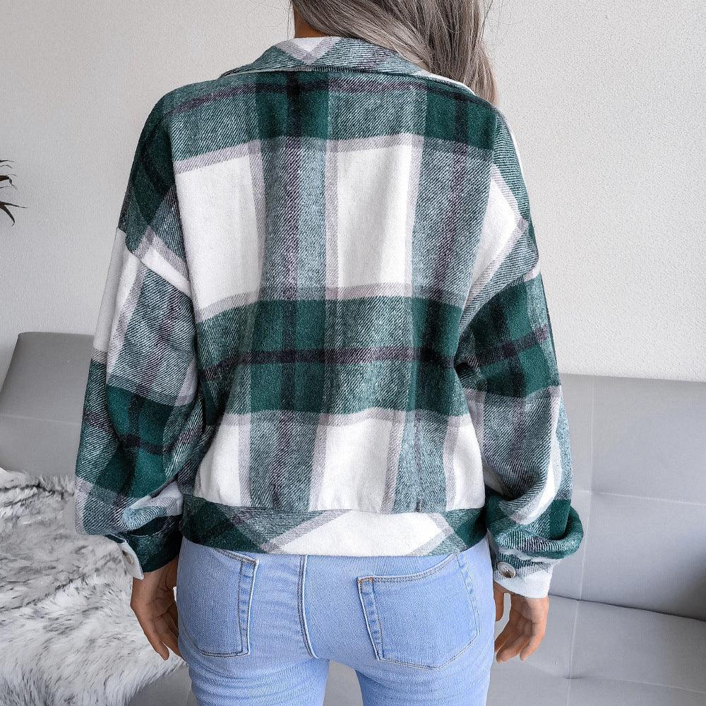 Winter Plaid Lantern Long Sleeve Woolen Coat - Venus Trendy Fashion Online