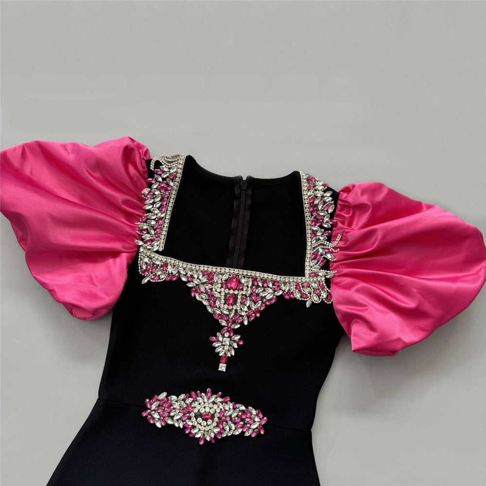 Elegant Rose Red Puff Sleeve Bandage One Piece Dress