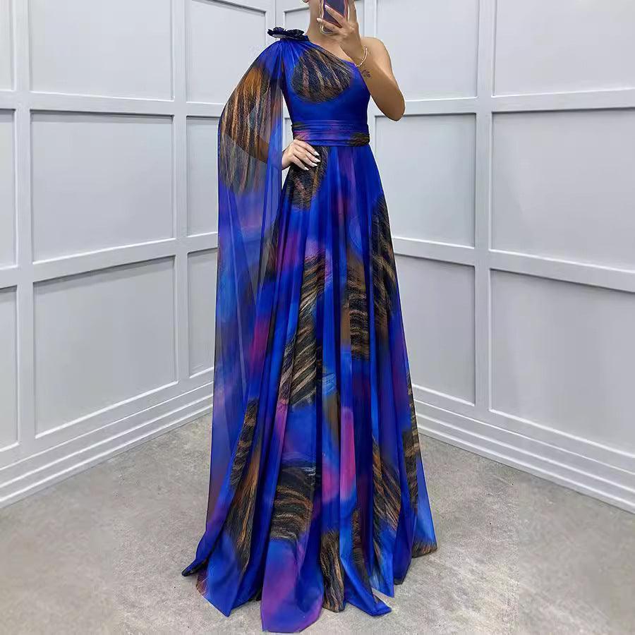 Chiffon Printed Sloping Shoulder Casual Party Dress - Venus Trendy Fashion Online