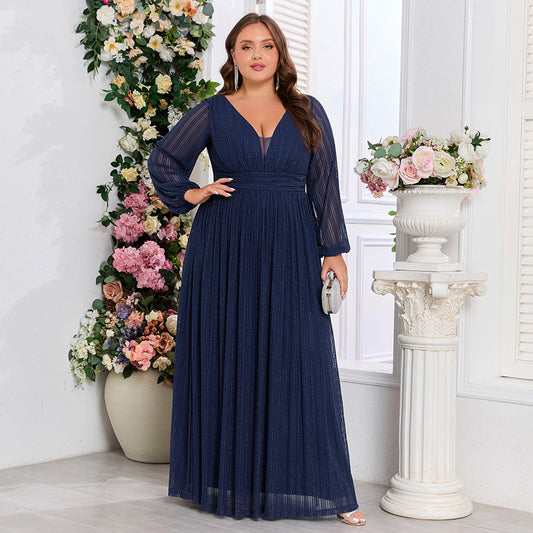 Women Long Sleeve A Swing V neck Evening Dress