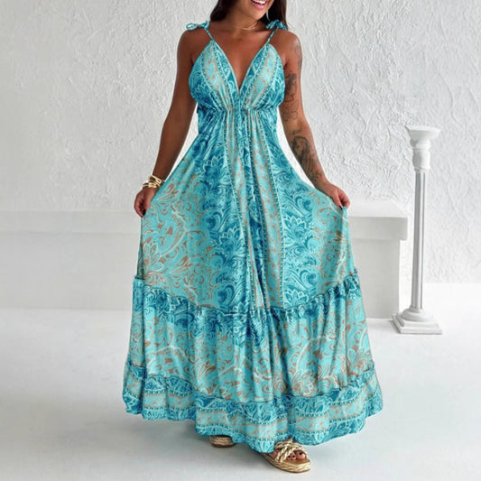 Women Summer Elegant V neck Sling Long Dress