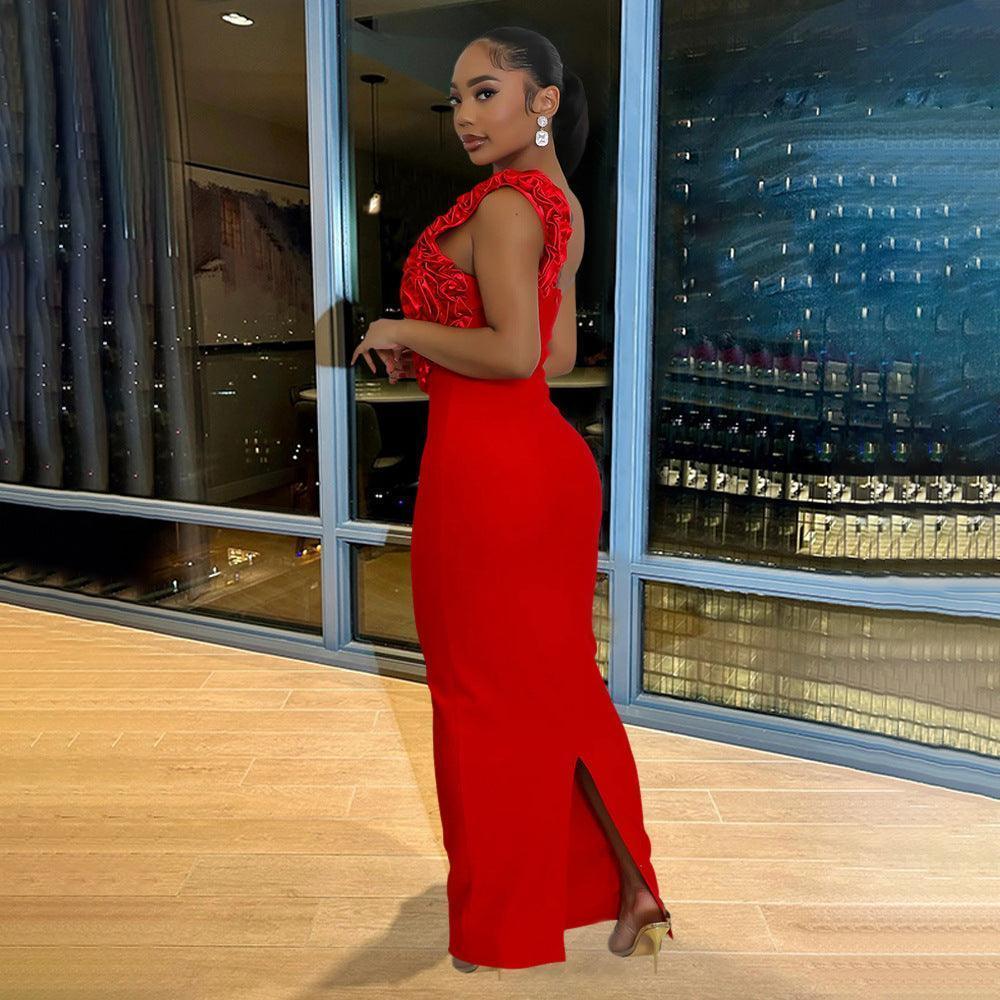 One Shoulder Hollow Out Pleated Split Dress