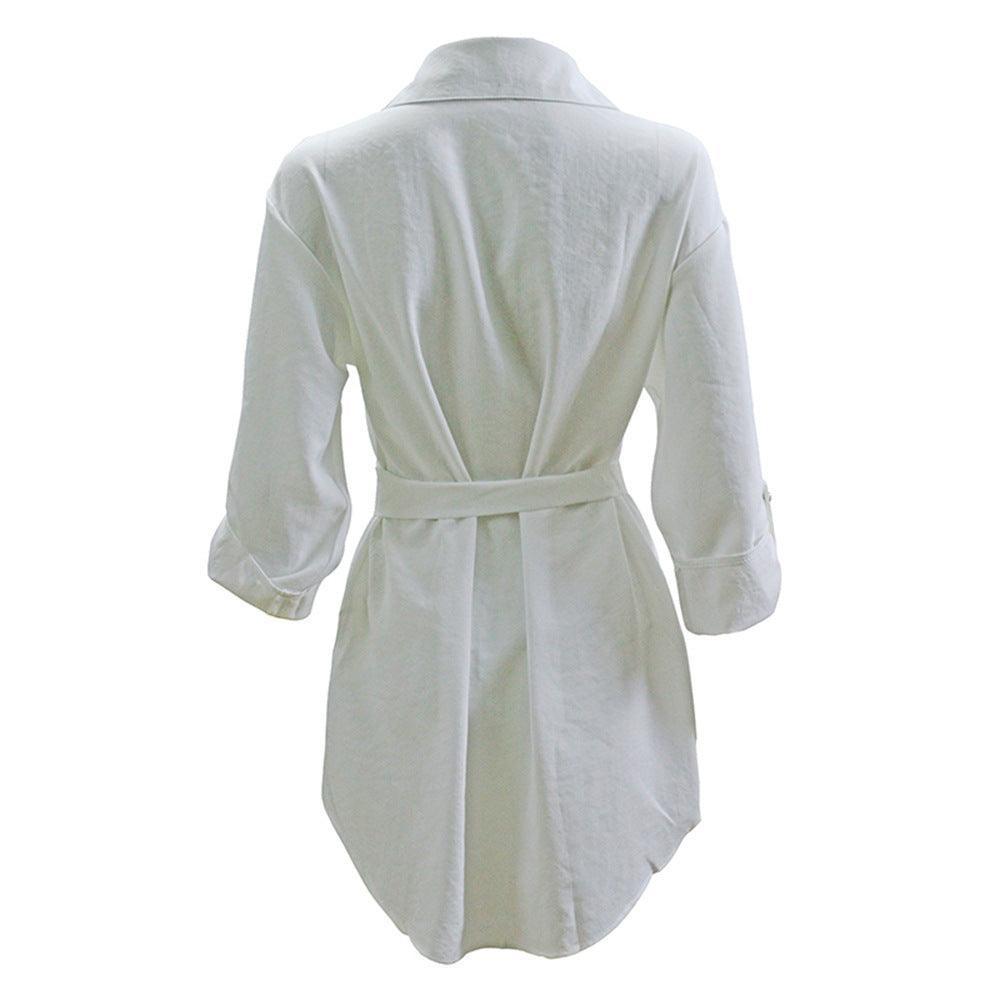 Cardigan Solid Color Rolled Sleeves Shirt Dress - Venus Trendy Fashion Online