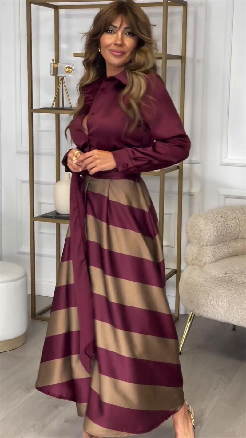 Women Faux Two Piece Long Sleeve Shirt Top Lace Dress