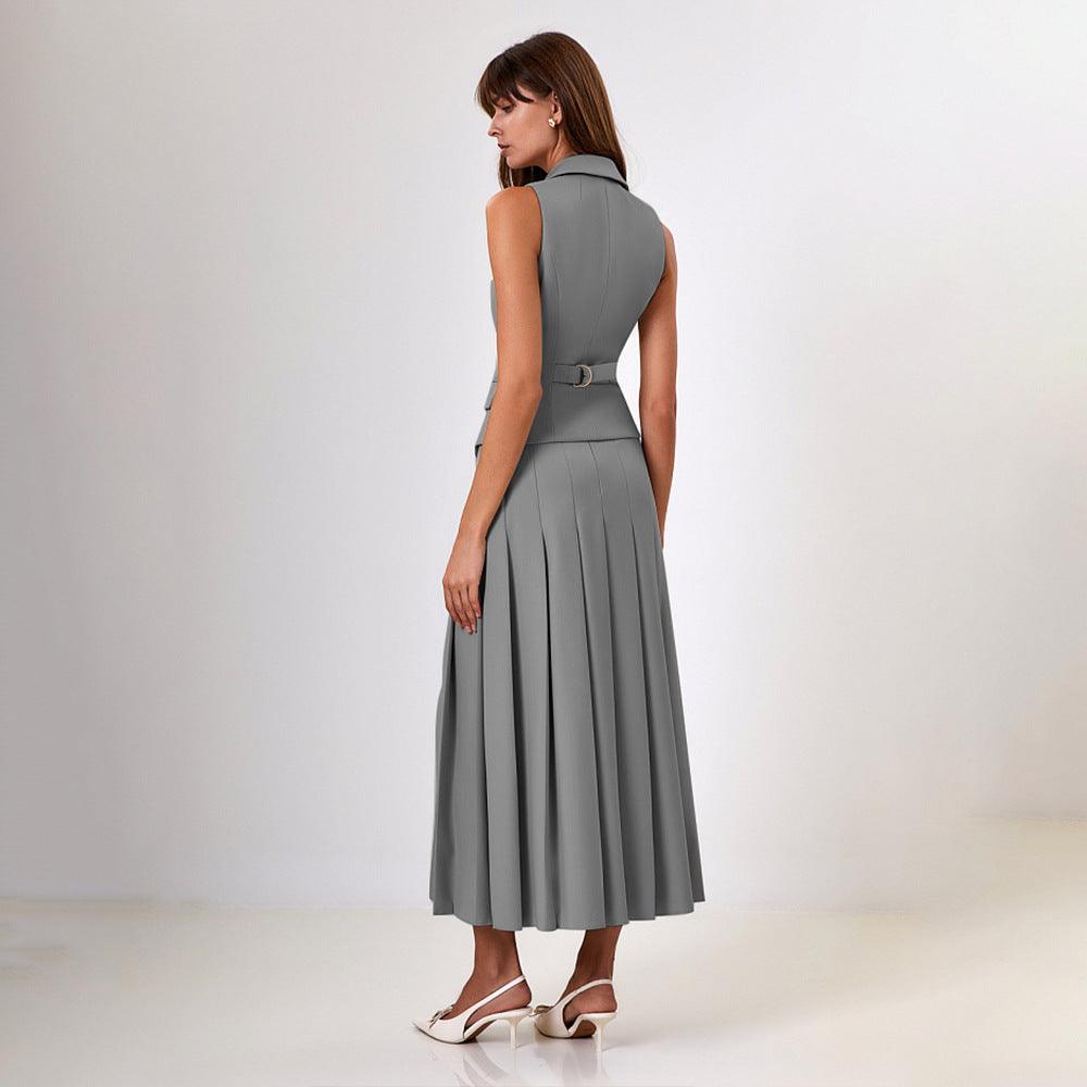 Elegant Maxi Skirt Sleeveless Vest Pleated Two Piece Sets