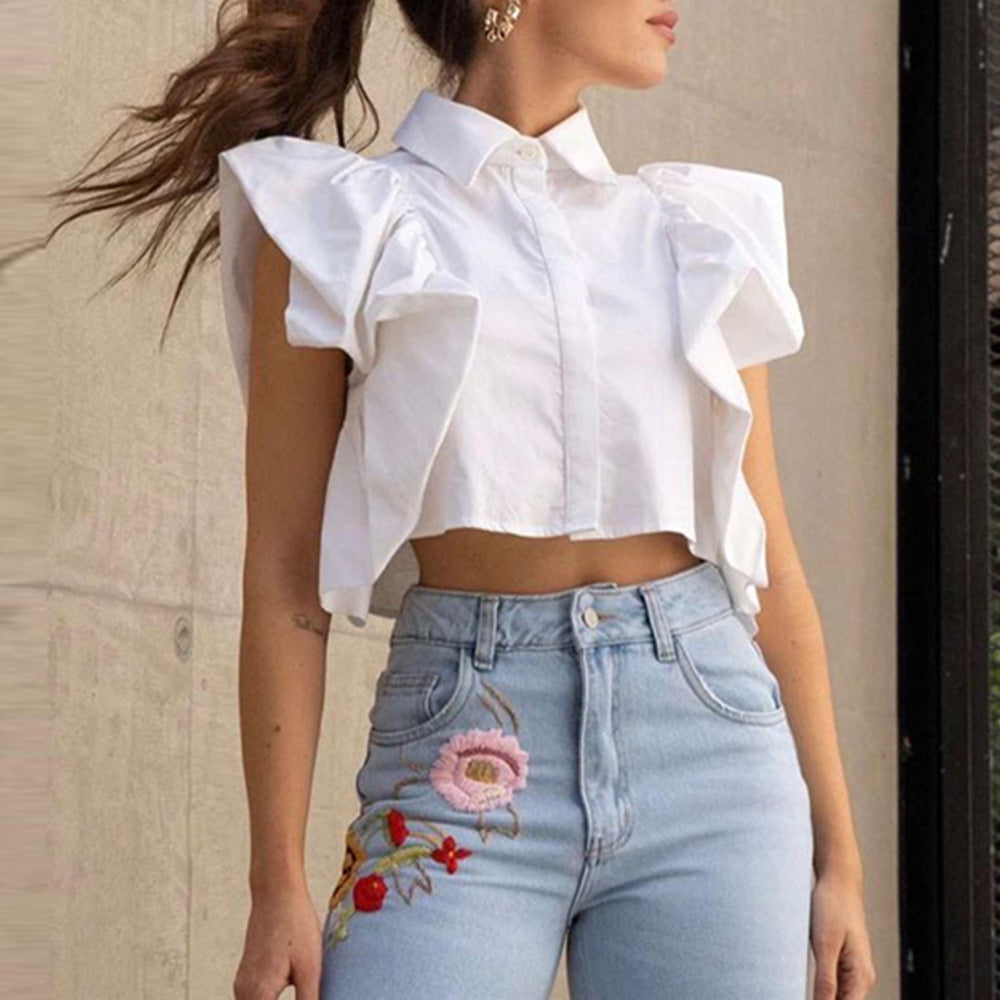 Summer Popular Short Sleeve Ruffle Sleeve Shirt