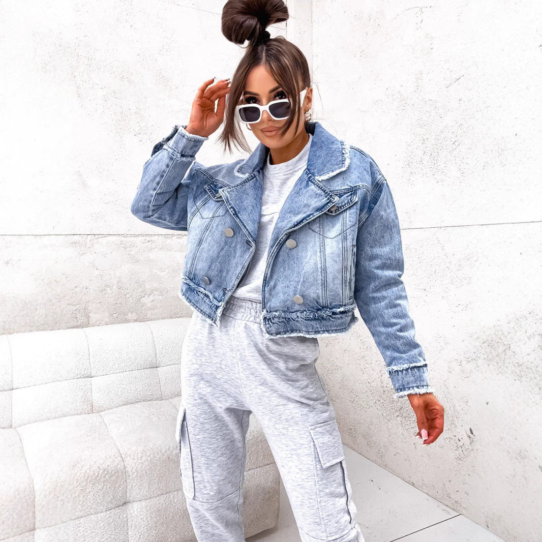 Women Raw Edge Denim Women Long Sleeved Coat