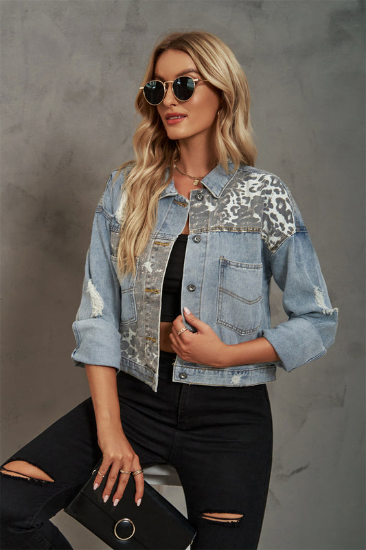 Stitching Ripped Denim Top Casual Coat