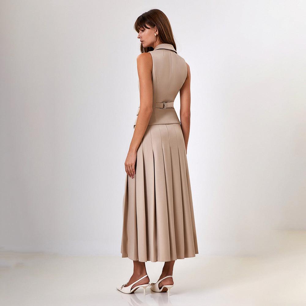 Elegant Maxi Skirt Sleeveless Vest Pleated Two Piece Sets