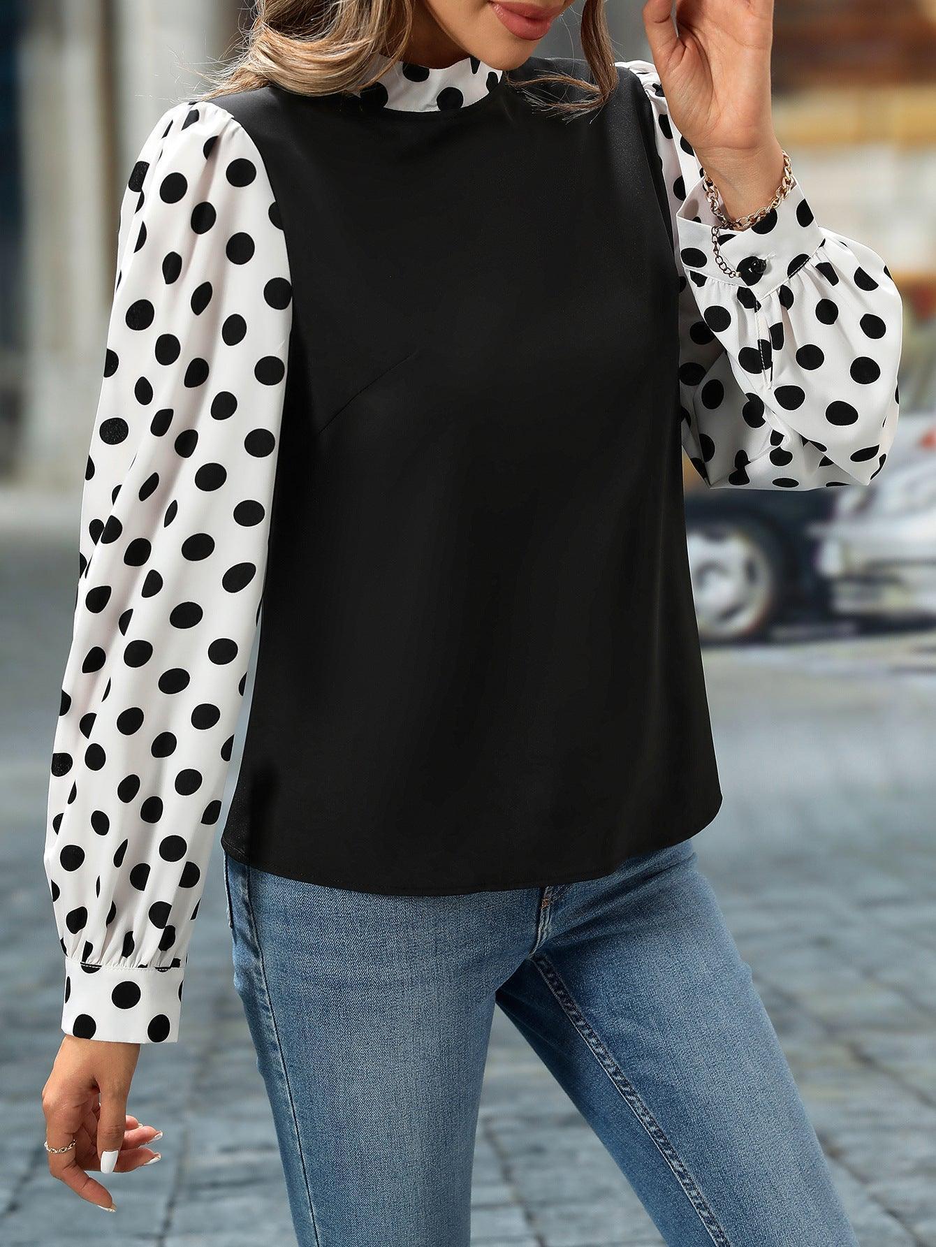 Women Elegant Spring Polka Dot Stitching High Collar Shirt - Venus Trendy Fashion Online
