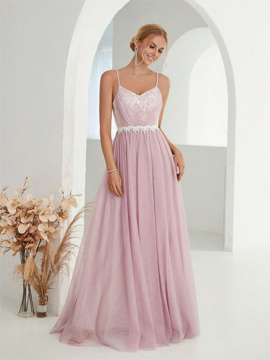 Women Mesh Cross Fold Lace Contrast Color Maxi Dress - Venus Trendy Fashion Online