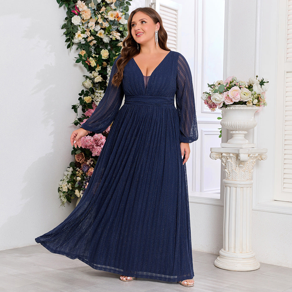 Women Long Sleeve A Swing V neck Evening Dress