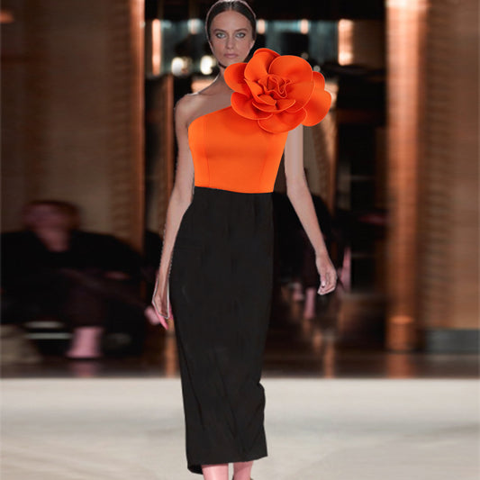 Summer Cool Contrast Color Sexy One Shoulder Dress