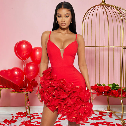 Sexy Sling Solid Color Flounce Irregular Asymmetric Dress