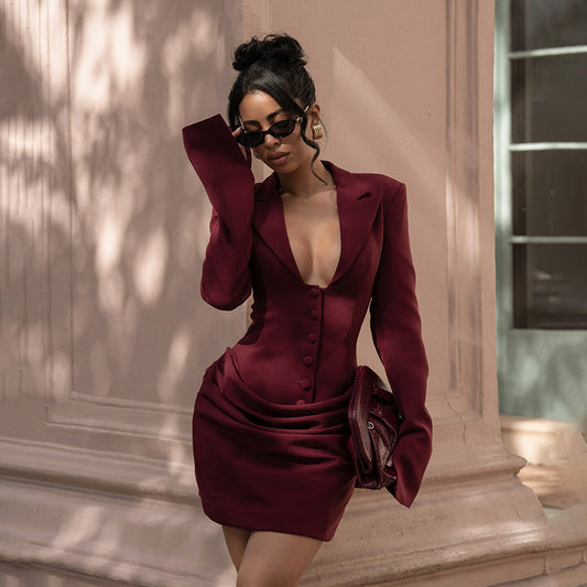Women Sexy Deep V Plunge neck Buttons Solid Color Dress