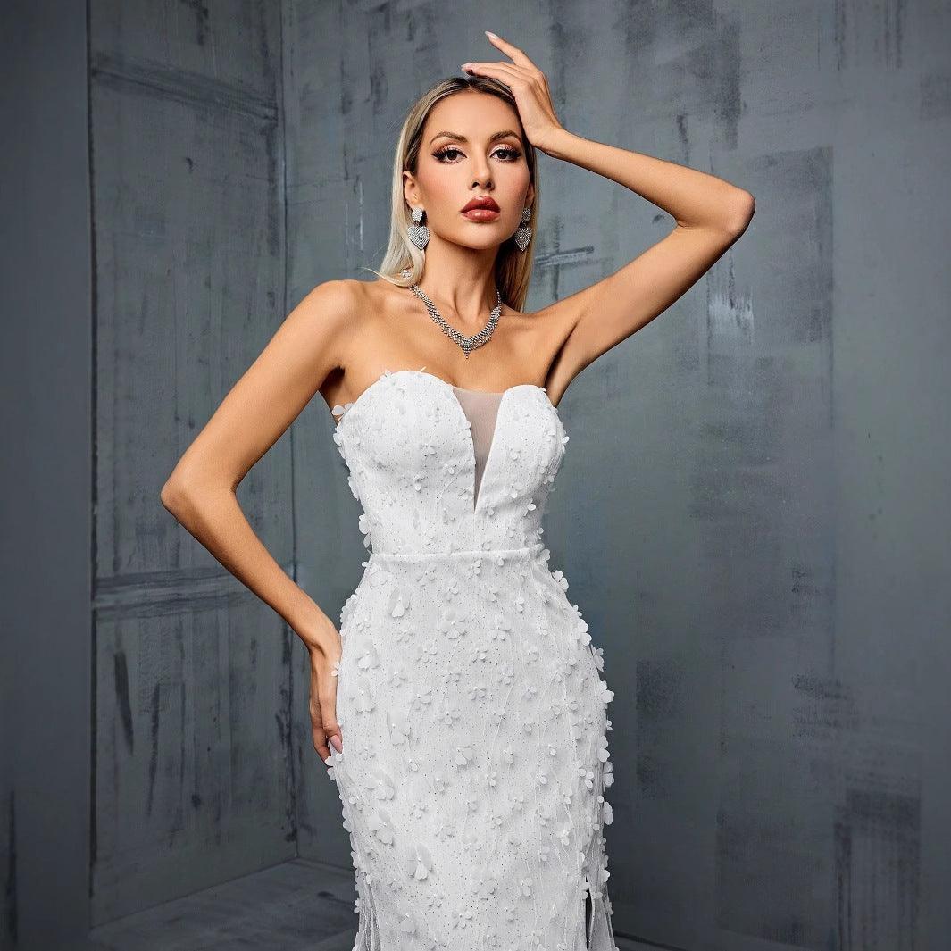 V neck Fishtail Gauzy Gown Cocktail Party Dress
