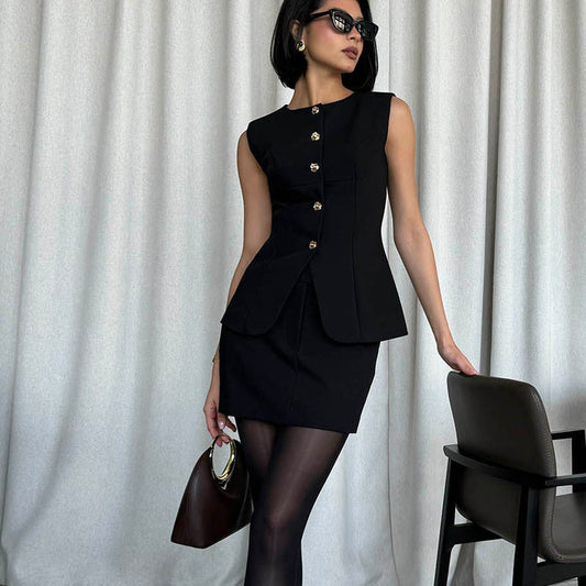 Women Arrival round Neck Sleeveless Top Skirt Two Piece Set