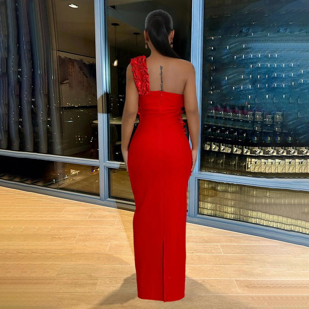 One Shoulder Hollow Out Pleated Split Dress