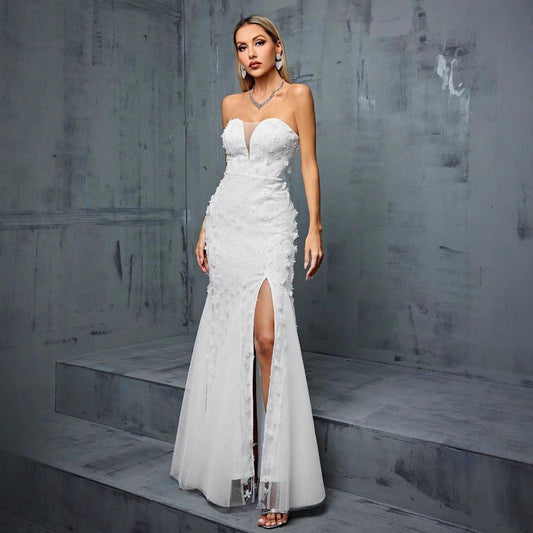 V neck Fishtail Gauzy Gown Cocktail Party Dress